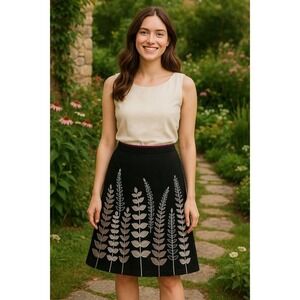 Boden Embroidered A-Line Skirt Women US 2 Black Cotton Cottagecore Dark Romance